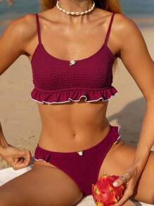 Swim Mod Women's 2 Pieces Summer Beach Casual Ruffled Strap Solid Color Cable Knit Floral Decor Bikini Set Set - Burgundy - View 3