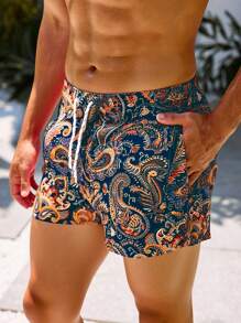 Manfinity Swimmode 男士佩斯利印花口袋抽绳腰沙滩短裤，适合夏季，夏威夷风 - 彩色 - 查看 1