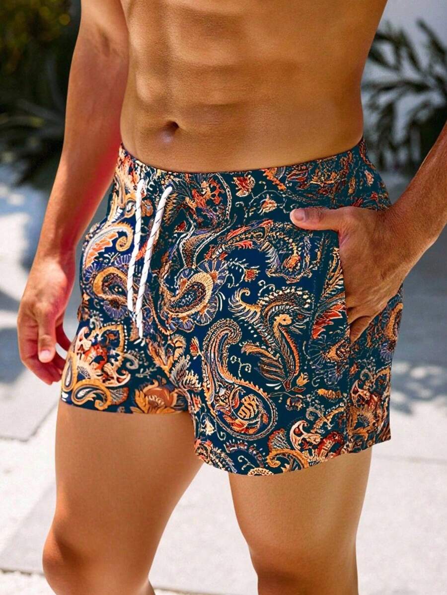 Manfinity Swimmode 男士佩斯利印花口袋抽绳腰沙滩短裤，适合夏季，夏威夷风 - 彩色 - 查看 1