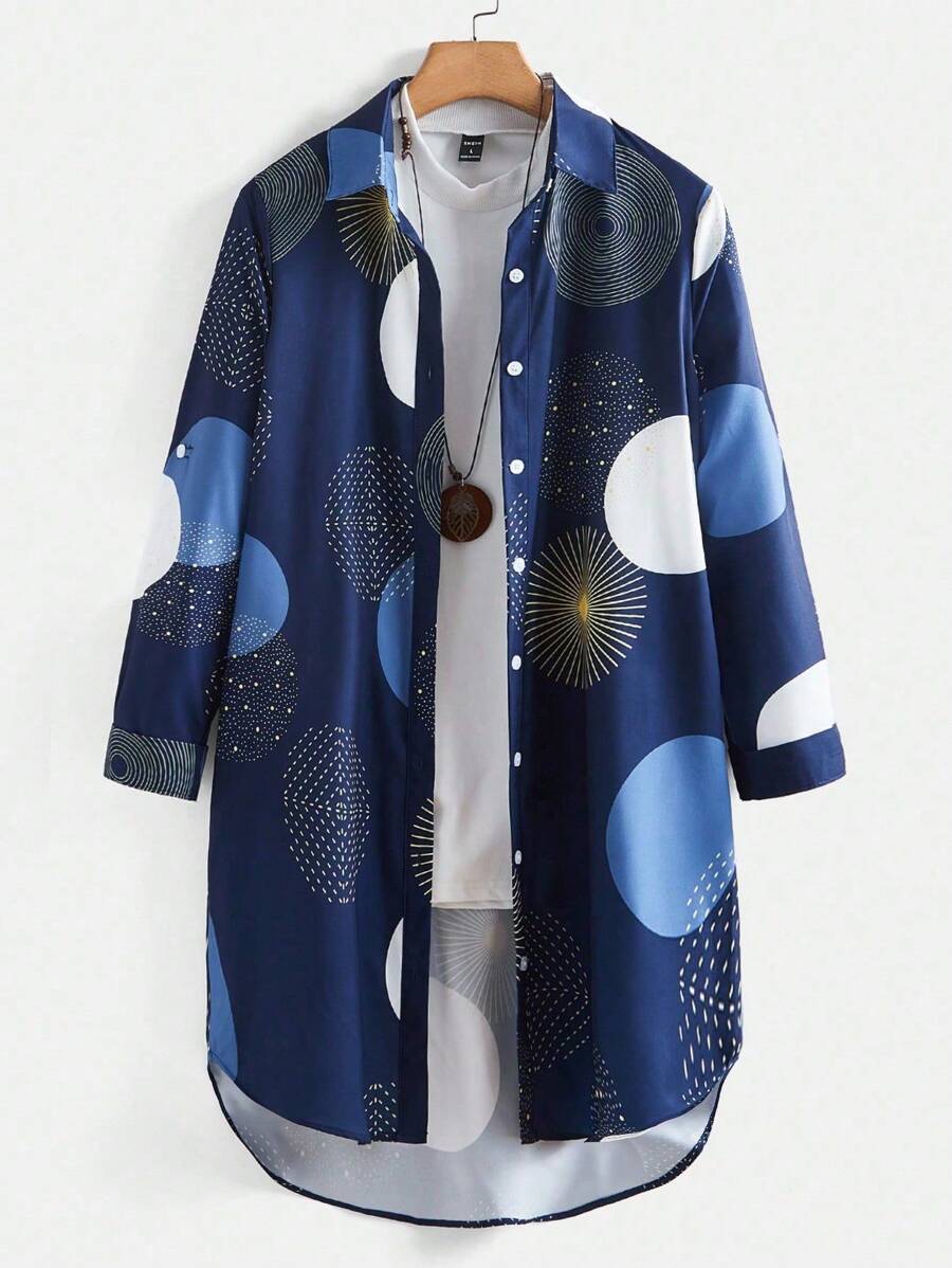 EMERY ROSE Random Floral Print Front Button Casual Long Sleeve Shirt Casual Spring - Navy Blue - View 1