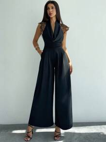 Firerie Women's Black Summer Elegant Laced Night Out Jumpsuit,Patchwork Plunging Neck Cinched Waist Wide Leg Jumpsuit, Wedding Party Date Outfit - Black - View 7