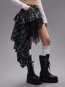 ROMWE Grunge Punk 夏季海滩毕业复活节裙子女音乐会纳什维尔节摇滚铆钉水钻肩带无袖格子复古 Y2K 拼布红蓝蕾丝网眼街头不对称下摆低腰女裙 - 黑色 - 查看 5