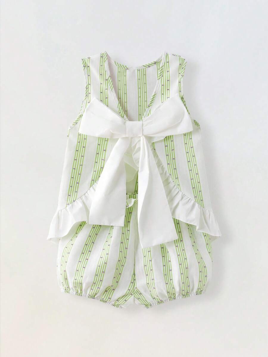 Maija Kids Maija Kids 两件套女童宽松休闲衬衫，带蝴蝶结装饰，搭配短裤，女童夏季套装，女童编织套装，女童绿白套装 - 綠色 - 查看 1