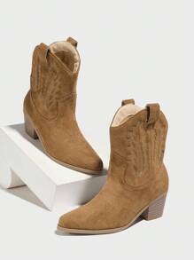 Daringsoles 女士尖头粗跟套脚西部靴，绒面革刺绣中跟牛仔踝靴，卡其色，适合圣诞节穿着 - 卡其色 - 查看 5