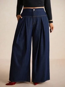 Elaquor Calça Denim Azul Marinho Cintura Alta Perna Larga Elegante Roupas Femininas Confortáveis Cintura Elástica Roupas Femininas de Outono