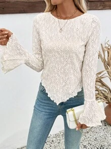 SHEIN LUNE Casual Solid Color Textured Asymmetric Hem Flare Sleeve T-Shirt Fall Cloth For Women - White - View 5