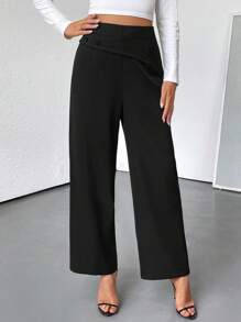 EMERY ROSE 女士优雅通勤休闲黑色装饰纽扣长裤 - 黑色 - 查看 1