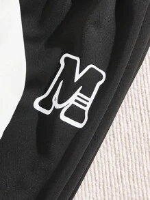 SHEIN Vacaura 青少年男孩字母印花撞色长袖单排扣棒球领夹克和裤子休闲套装 - 黑色 - 查看 5
