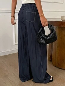 DAZY Pantalones anchos y sueltos con bolsillos y rayas de colores contrastantes, pantalones casuales para mujer, pantalones de vestir para mujer en primavera/otoño - Azul - Ver 2
