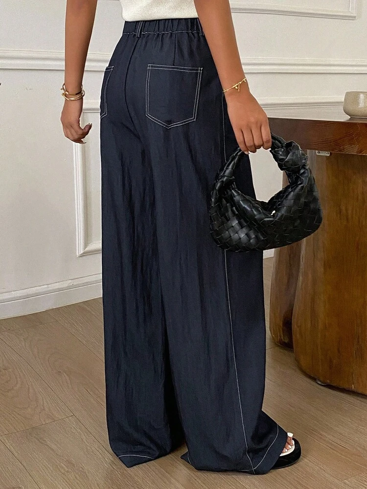 Contrast Color Stripe Loose Wide Leg Pants With Pockets, Casual Trousers For Women, Spring/Autumn Women Dress Pants