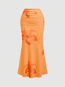SHEIN Unity Women's Floral Print Ruched Waist Mermaid Skirt, Casual Vacation Maxi Women Fall Cloth For Women - Orange - View 1
