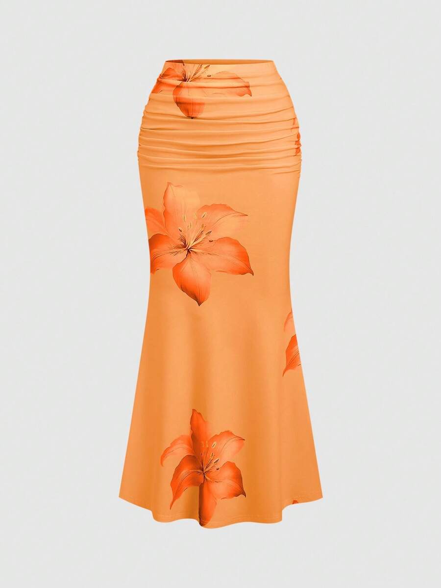 SHEIN Unity Women's Floral Print Ruched Waist Mermaid Skirt, Casual Vacation Maxi Women Fall Cloth For Women - Orange - View 1