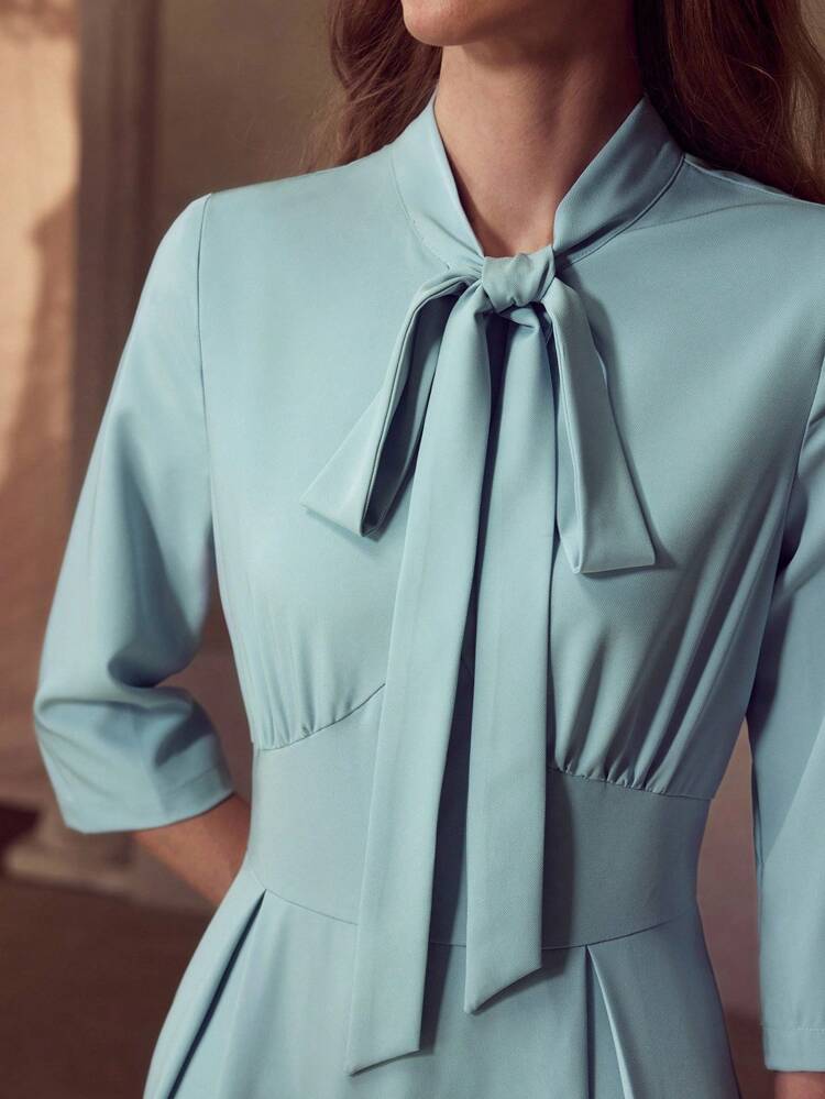 TIE NECK FLARED HEM DRESS