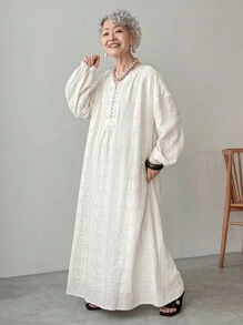 FRIFUL Women's Beige Drop Shoulder Long Sleeve Embroidered Dress Maxi Dress - Beige - View 6