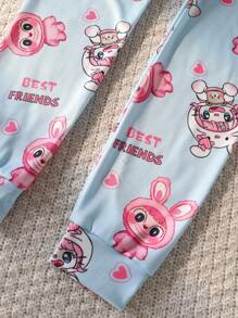 Bộ đồ ngủ thoải mái gồm 2 áo tay ngắn in họa tiết hoạt hình và quần legging cho bé gái - Màu xanh nhạt - Xem 6