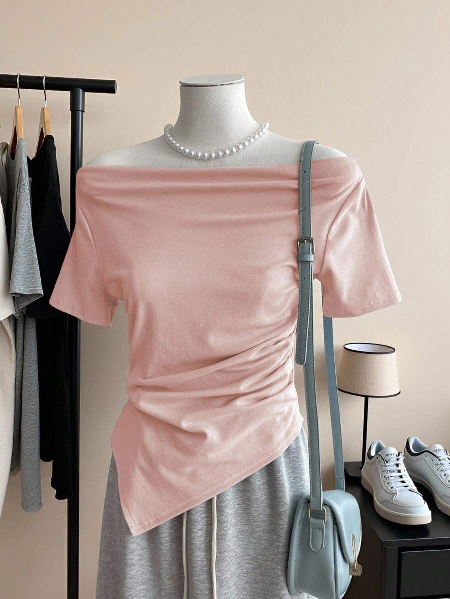 SHEIN 女式夏季简约纯色露肩不对称下摆T恤 - 粉色 - 查看 1