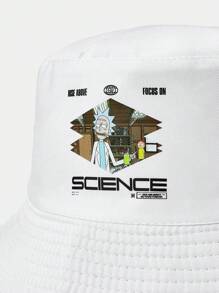 Rick and Morty X SHEIN Letter & Cartoon Figure Graphic Reversible White Fashion Bucket Hat - White - View 3