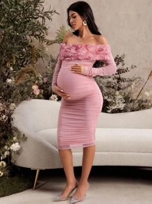 SHEIN MaterniChic 孕妇露肩褶皱紧身连衣裙，优雅派对长礼服，粉色 - 粉色 - 查看 5