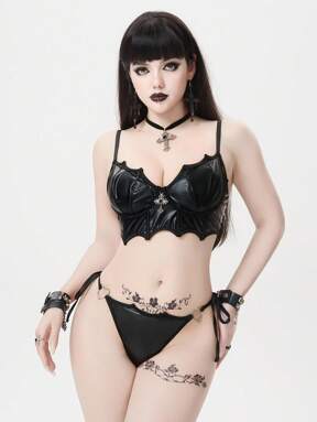 Goth Dark Gothic Bat Wing Underwire Bralette & Garter Thong Cross Lingerie Set