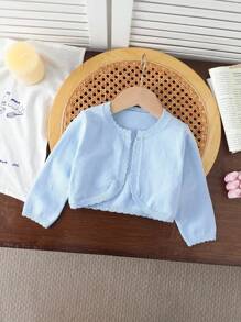 SHEIN Vintaside Kids Baby Girls' White Fashionable Casual Minimalist Solid Cropped Knit Cardigan