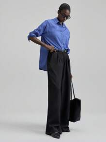 Ontre 2025 新都市时尚风格，极简舒适，格子面料，蓝色，多造型，超大版型，翻领，长袖，侧开衩，女式上衣，秋装，返校，商务休闲，通勤现代都市休闲时尚商务休闲女士办公室装低调老款风格轻松气质高端都市通勤高品质机场女装高端材质商务休闲上衣蓝色格子衬衫女装女士蓝色衬衫格子领带衬衫蓝色纽扣衬衫 - 藍色 - 查看 8