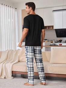 Men's Plaid Print Casual Couple Top & Pants Pajama Set - Black - View 2