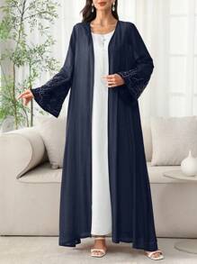 SHEIN Najma Spring/Summer Lightweight Open Front Abaya Jacket With Embroidered Floral Trim On Cuffs And Placket - Navy Blue - View 5