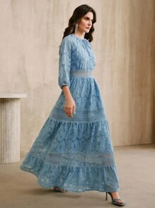Anewsta French Elegant Lace-Up Lace Hollow Out 3/4 Sleeve Dress For Women, Elegant Office Dress, Western Outfits For Women, Boho Women's Clothing