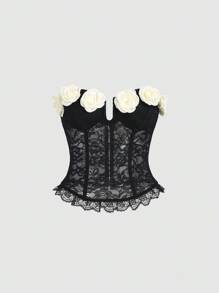 Glamine Sexy Romantic 3D Floral Contrast Color Lace Patchwork Boned Bustier Top For Women - Black - View 6