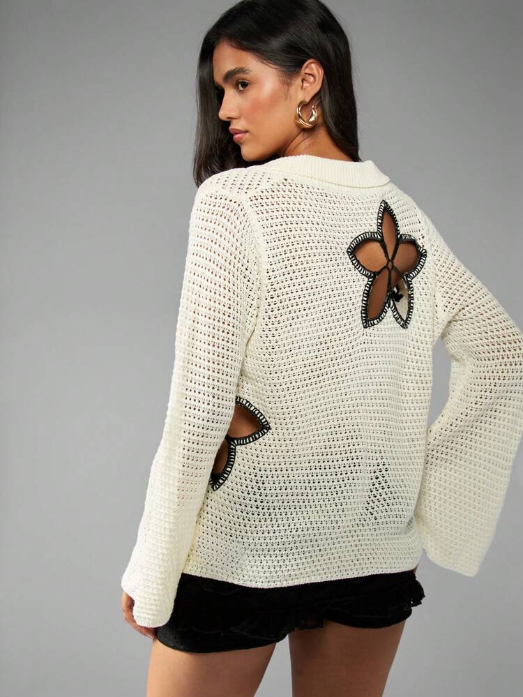 MISSGUIDED Bohemian Crochet Beach Cover Up Cardigan With Floral Cut Out Details Summer Vacation Resort Wear Spring Festival Boho Kimono Swim Cover Up