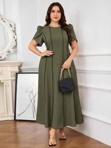 Modelyn 大码女式花瓣短袖优雅连衣裙 - 棕色 - 查看 5