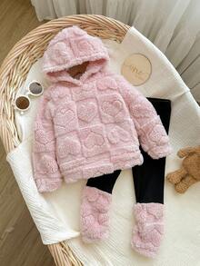 2 件套女婴可爱粉色蓬松连帽衫和裤子套装，秋冬女婴冬季服装幼儿女童冬季服装女童冬季服装套装两件套女婴冬季服装女婴秋季保暖衣服套装