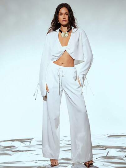 Denimoi 两件套扭纹前领衬衫和抽绳腰阔腿裤，配套套装，度假配套套装，度假全白派对服装，欧洲夏季，伊比沙岛，可爱的夏季裤装套装，短款上衣，时尚，早午餐