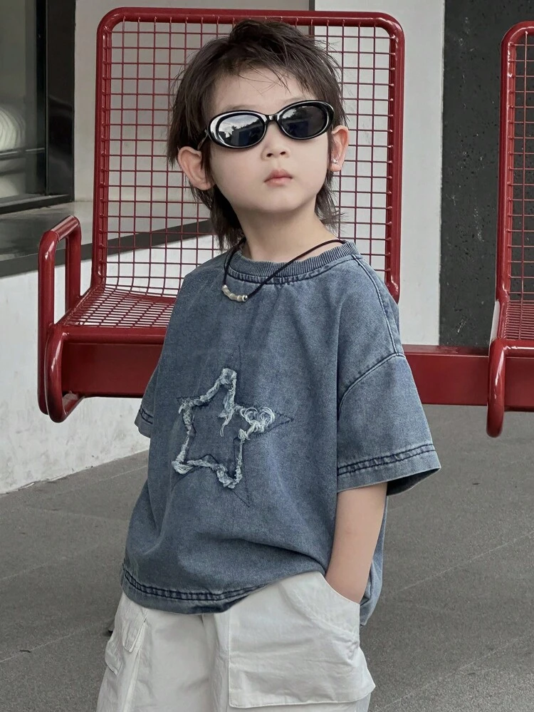Kids Boy's Oversized Casual Denim T-Shirt With Star Print For Summer