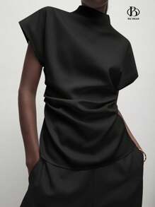 BizChic 女士黑色直领肩袖衬衫，基本款都市通勤风格，简约优雅时尚商务休闲，适合办公室、教师、婚礼嘉宾、音乐会 - 黑色 - 查看 6