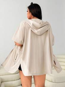 SHEIN EZwear 大码休闲抽绳腰带连帽风衣 - 杏色 - 查看 2