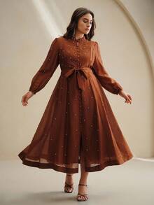 Anewsta Plus Size Women Long Dress With Rhinestone Decor, Elegant And Versatile Formal Dress - Coffee Brown - View 1