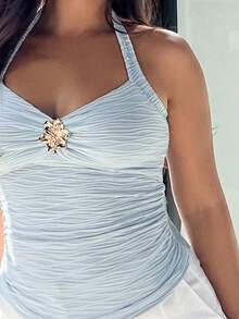 NegzBox Férias Tie Halter V-Neck Metalizado Flor Texturizada Malha Regata Ajustada Para Mulheres, Adequado Para Festivais De Música, Boêmio, Datas De Feriados, Chá Da Tarde - Azul - Ver 6