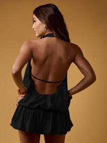 MISSGUIDED Halter Neck Mini Dress Sleeveless Puff Ball Evening Party Summer Ruffle Hem Club Wedding Guest Backless Statement Dress - Black - View 2