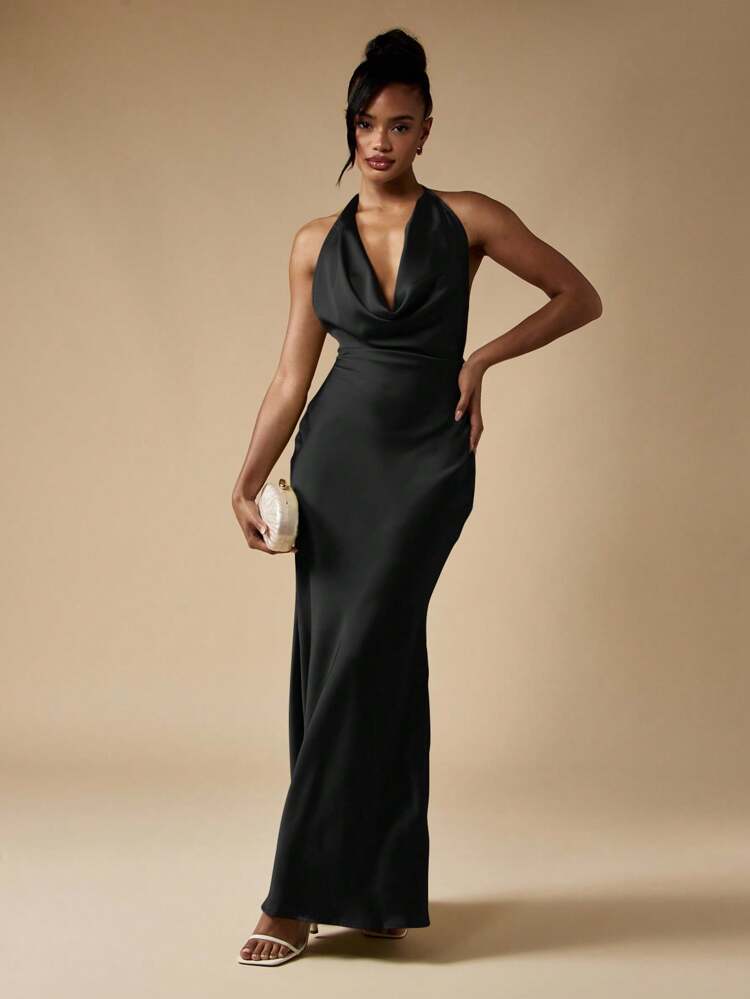 MISSGUIDED Evening Cowl Neck Maxi Dress Formal Ball Gown Backless Halter Neck Floor Length Gown Wedding Guest Party Prom Elegant Satin Draped