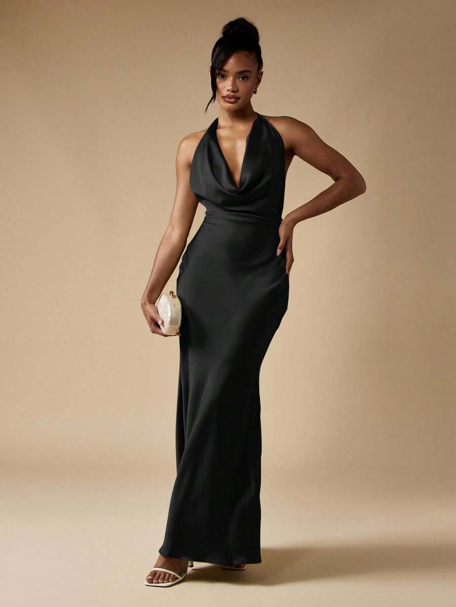 MISSGUIDED 晚礼服 围脖领长裙 正式舞会礼服 露背 挂脖 及地长裙 婚礼宾客派对舞会 优雅缎面垂坠 - 黑色 - 查看 1
