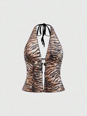 Grunge Punk Top canotta da donna stile punk rock chic, con pendente a croce con paillettes a tema tigre, adatto per feste in spiaggia estive, eventi musicali e festival, stile di strada Y2K anni 2000