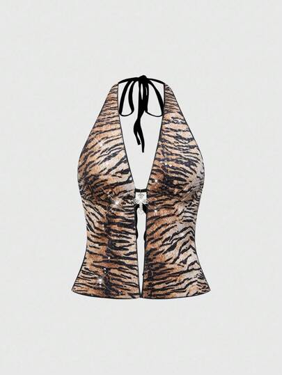 Grunge Punk Top canotta da donna stile punk rock chic, con pendente a croce con paillettes a tema tigre, adatto per feste in spiaggia estive, eventi musicali e festival, stile di strada Y2K anni 2000