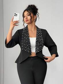 SHEIN Elenzya Veste élégante et sophistiquée de haute qualité avec col perlé, convenant aux femmes de grande taille pour les déplacements quotidiens et les occasions formelles, idéale pour le printemps et l'automne - Noir - Voir 5