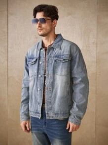 Manfinity Homme Light Blue Denim Jacket, Loose Fit, American Casual Style - Light Wash - View 5