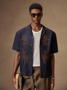 AKNOTIC Men's Navy Blue & Brown Floral Embroidered Slim Fit Short Sleeve Polo Shirt, Suitable For Summer, Autumn, Vacation, Daily Wear, Party, Couple Matching, Men's Gift