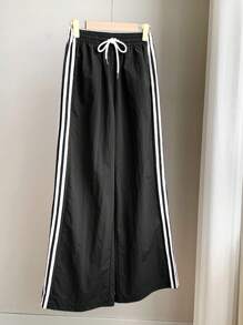 Comfortcana 大码撞色侧条纹松紧腰宽松休闲运动裤 - 黑色 - 查看 4