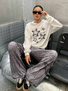 SHEIN Explorewe Bộ 2 món quần ống rộng in họa tiết ngôi sao thoải mái cho trẻ em Streecool, thích hợp cho những buổi đi chơi thường ngày - màu đen - Xem 7