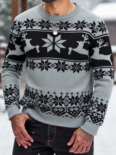 Manfinity Homme Plus Size Men's Casual Geometric Pattern Sweater, Autumn/Winter Men Christmas Sweater Nordic Sweater Fairisle Sweater Christmas