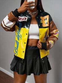 Slaydiva Áo khoác bóng chày phong cách Punk dạo phố hàng ngày, câu lạc bộ đêm, phong cách đầu thu mới 2025, logo họa tiết cổ điển, vai trễ, tay dài, dáng rộng, màu nâu đen và vàng, in họa tiết PU cho nữ - A - Nhiều màu - Xem 16